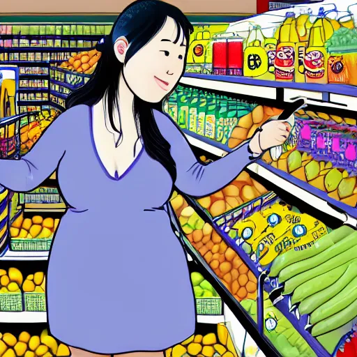 Image similar to cute penial drawing of a slightly chubby 28 year old Korean woman standing in a grocery store next to the bananas