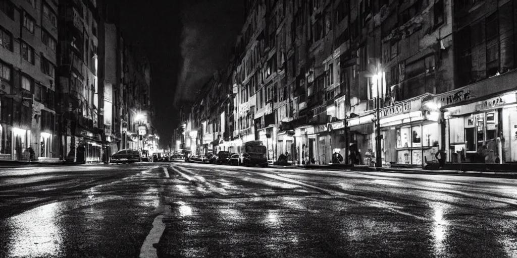 Image similar to low angle camera shot of a street by night, moody cinematography of roger deakins, shot on film, grain, hyper realistic ,