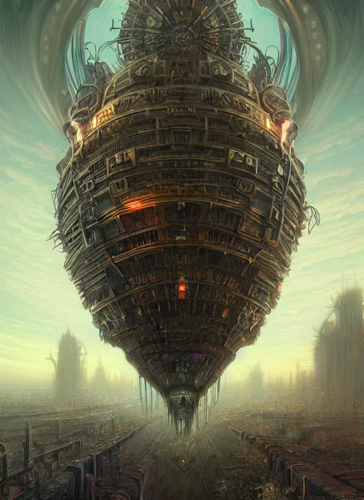 Prompt: hyper detailed ultra sharp of a gothpunk steampunk overcrowded city airship. trending on artstation, warpaint aesthetic, earthwave, colorful, psychedelic, ornate, intricate, digital painting, concept art, smooth, sharp focus, illustration, art by artgerm and greg rutkowski and h. r. giger, 8 k