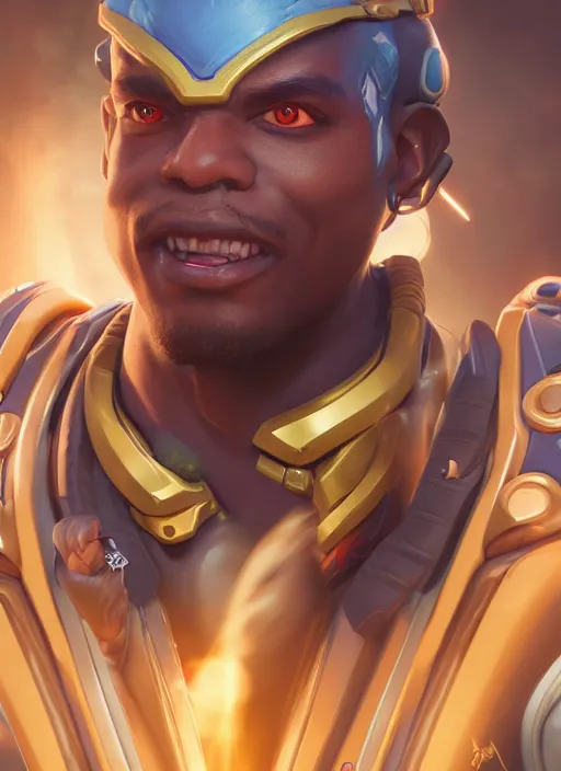 Prompt: character portrait of a fusion of Lucio from Overwatch and Doomfist from Overwatch by ArtGerm and Tom Bagshaw, 4k, highly detailed, cinematic lighting, characters merged