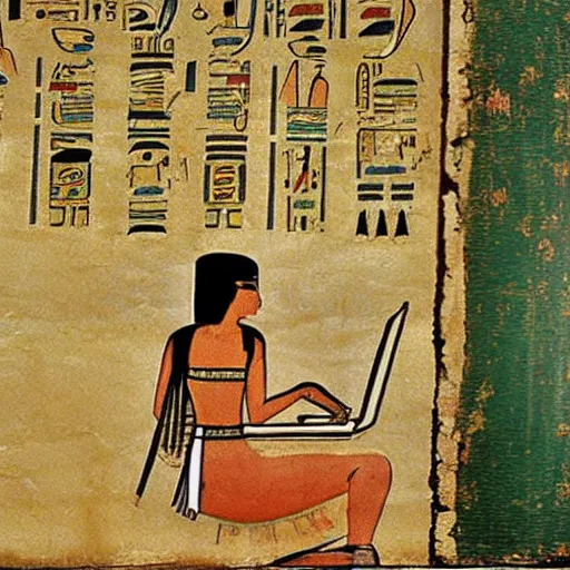 Image similar to an ancient egyptian painting of lain iwakura and a computer