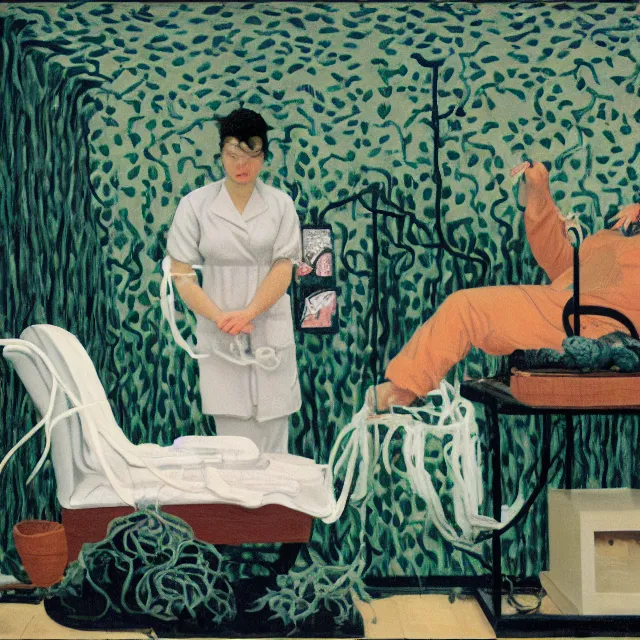 Prompt: a female pathology student in her apartment, wrapped in vines, medical equipment, stepping stones, octopus, first aid kit, pig, black walls, ikebana, black armchair, sculpture, acrylic on canvas, surrealist, by magritte and monet