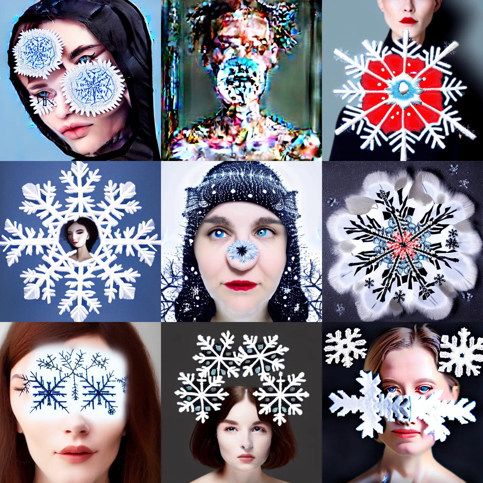 Prompt: surreal photography silk snowflake with embroidered face