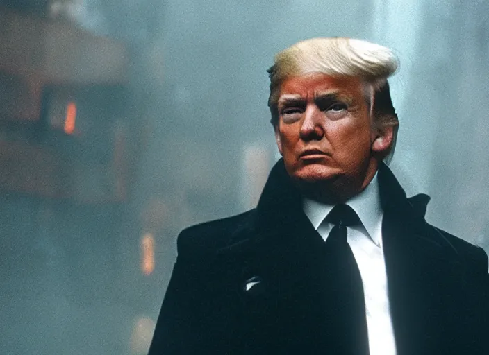 Image similar to film still donald trump wearing leather coat as a detective in blade runner, 8 k by alphonse mucha