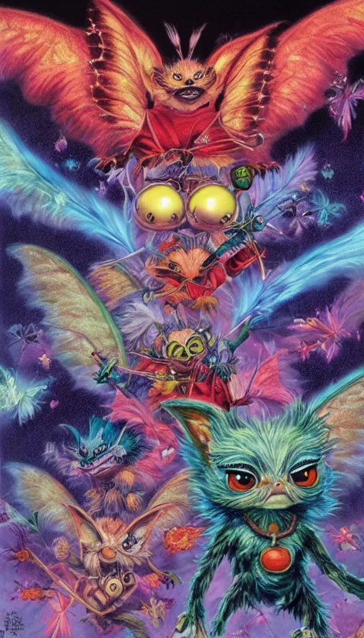 Image similar to gremlins vs mothra art by Noriyoshi Ohrai and Lisa Frank