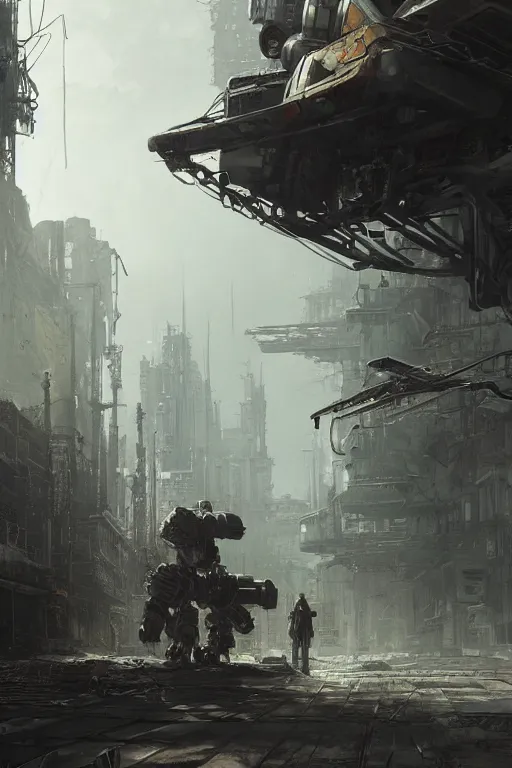 Prompt: ultra realist and ultra intricate detailed soft painting of a large mech, standing in a post-apocalyptic street, sensual gloomy style, volumetric clouds, artstation, unreal render, depth of field