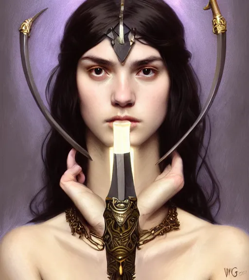 Image similar to portrait of teenage athena holding a dagger, stern expression, long ivory hair, wearing clothing of leather and fur, fringe, bone jewelry, intricate, elegant, leather jewelry, glowing lights, highly detailed, digital painting, artstation, concept art, smooth, sharp focus, illustration, art by wlop, mucha, artgerm, and greg rutkowski