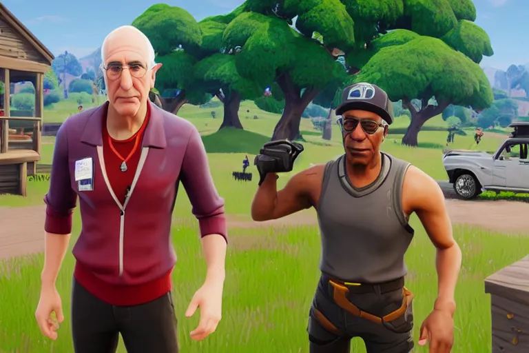 Prompt: a screenshot of a player with a larry david skin in fortnite ( 2 0 1 7 ), curb your enthusiasm public event in fortnite