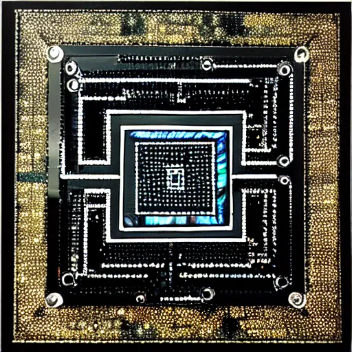 Image similar to black cube on a black background with intricate iridescent mother - of - pearl inlay art in the style of a circuit board