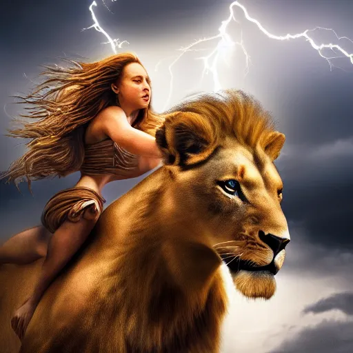 Image similar to girl riding a lion, extremely detailed, high quality, 4 k, cinematic, dramatic lightning, photo realistic, beautiful face, highly detailed face