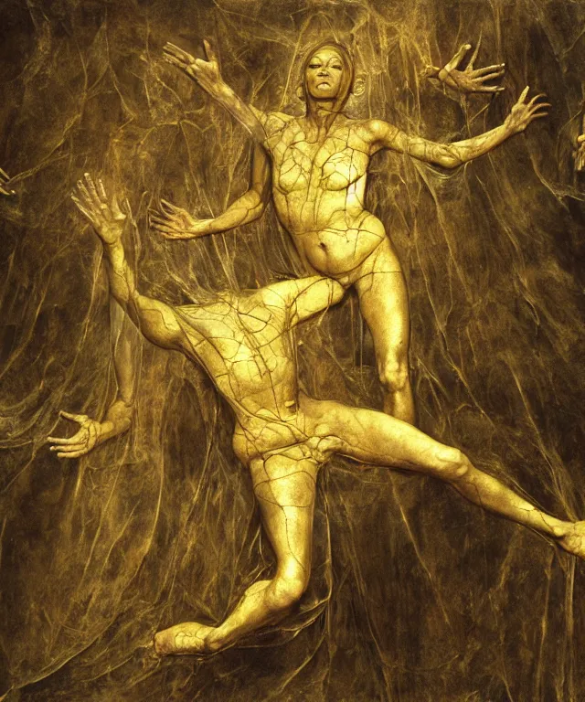 Image similar to The transparent room without doors and windows with beautiful full-body wax sculpture of the glowing transparent woman with visible golden bones inside her in the singularity where stars becoming baroque folds of dark matter by Michelangelo da Caravaggio, Nicola Samori, William Blake, Alex Grey and Beksinski, dramatic volumetric lighting, super detailed oil painting, 8k, masterpiece