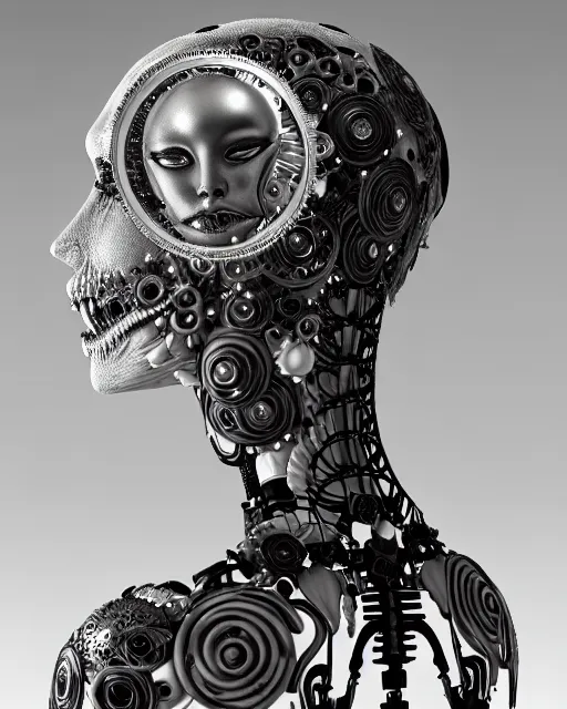 Prompt: black and white dreamy foggy smoky profile face portrait, one silver steampunk realistic eye biomechanical beautiful young female cyclope - cyborg - robot bust, body ribs meshes,, volumetric light, hibiscus flowers, by hg giger, rim light, by dora maar and cecile beaton, big gothic fashion pearl embroidered collar, 8 k