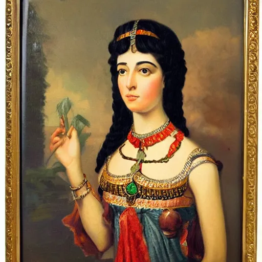 Prompt: Romantic-period style oil painting of Cleopatra