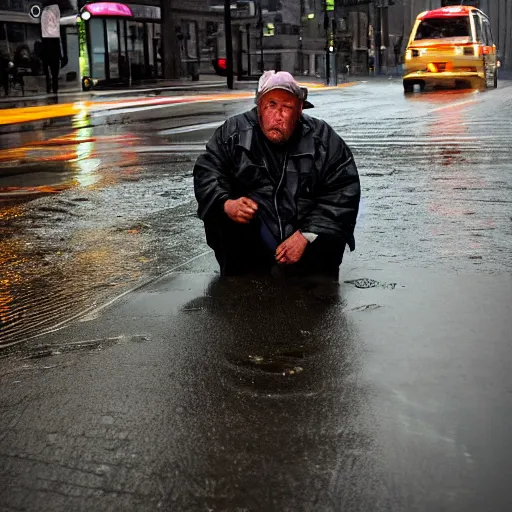 Prompt: closeup portrait of a man fishing in a rainy new york street, photography