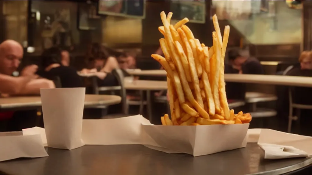 Image similar to the strange french fry creature at the fast food place, film still from the movie directed by denis villeneuve and david cronenberg with art direction by salvador dali, wide lens