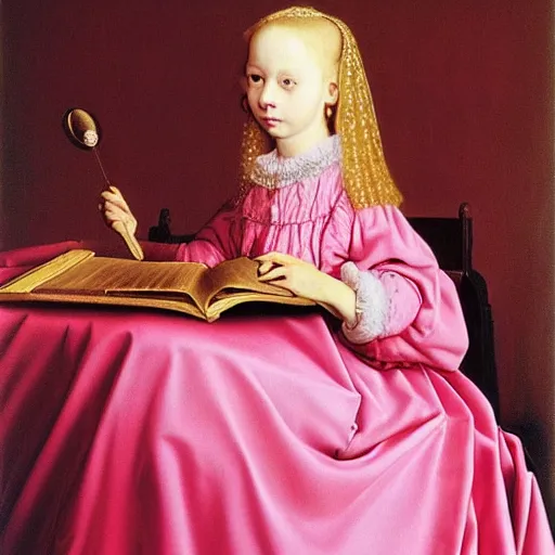 Image similar to beautiful blonde princess in pink dress, hyperrealism oil painting, jan van eyck