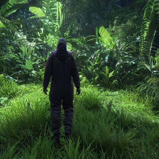 Image similar to a man wearing a hazmat suit, walking through a lush jungle, unreal engine 5, ray traced, god rays, extremely high detail