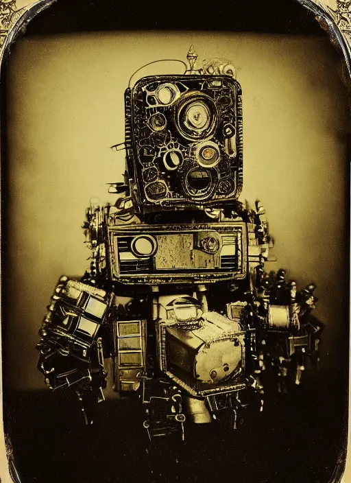 Image similar to old wetplate daguerreotype portrait of futuristi robot, dubbel exposuree, explosion of data fragments, fractal, intricate, elegant, highly detailed, parallax, leica, medium format, subsurface scattering, by jheronimus bosch and greg rutkowski and louis jacques mande daguerre