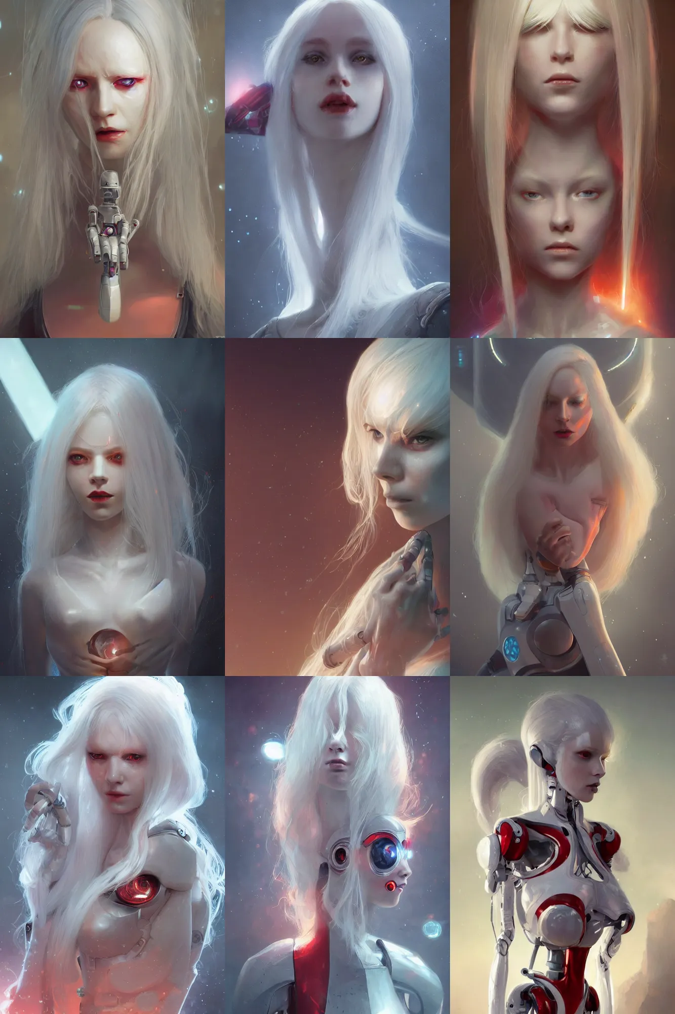 Prompt: A beautiful robot woman with long white hair and red eyes, albino, porcelain skin, cinematic lighting, soft bokeh, sci-fi, modern, colourful, highly detailed, digital painting, artstation, concept art, sharp focus, illustration, by greg rutkowski