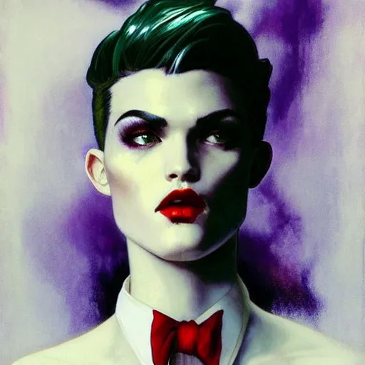 Prompt: beautiful portrait of androgynous ruby rose as desire from sandman in a white tuxedo!!!, rockabilly style,, by alphonse mucha, by jeremy mann, by peter lindbergh, dave mckean, by cedric peyravernay, white suit and black tie, soft lightning, high detailed, 8 k