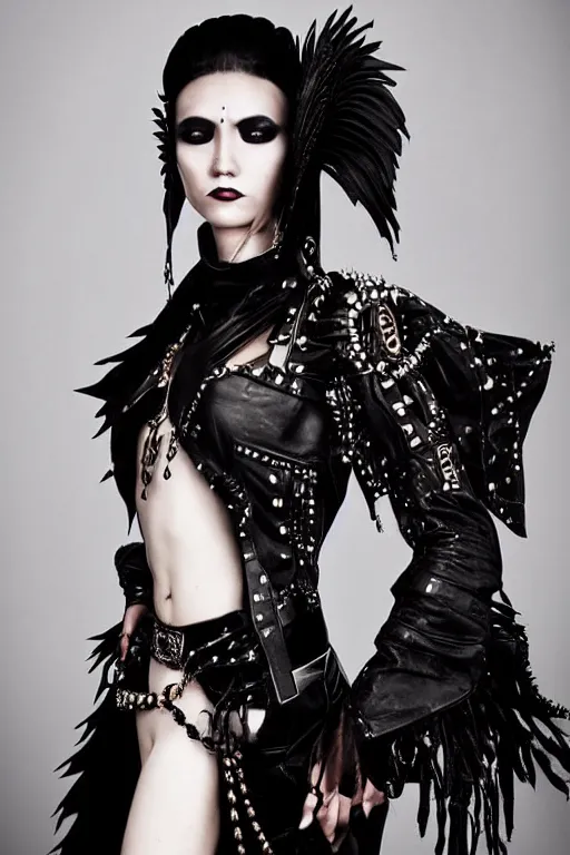 Prompt: an tibetian woman in a black leather outfit with spikes on her head, a high fashion character portrait by christen dalsgaard, featured on behance, gothic art, androgynous, genderless, gothic