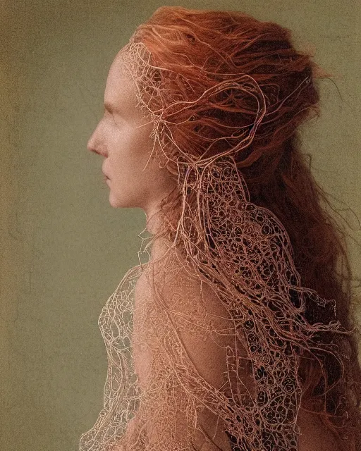 Image similar to a woman's face in profile, long flowing hair entwined in a coral reef, made of intricate decorative lace leaf, in the style of the dutch masters and gregory crewdson, dark and moody