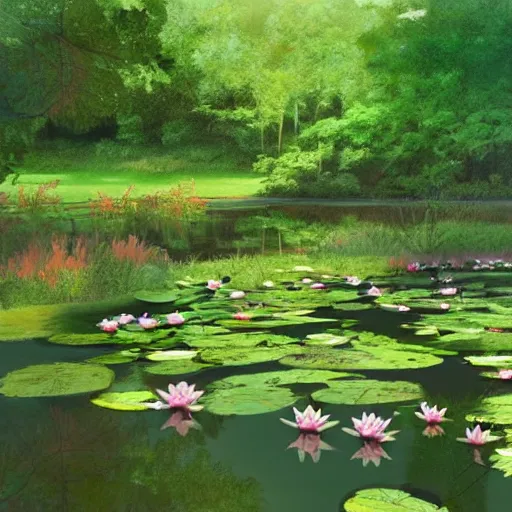 Image similar to a pond with water lillies in the forest, photorealistic,