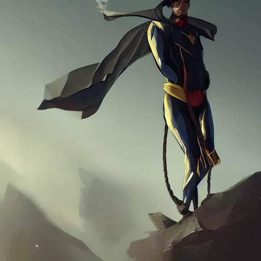 Image similar to a hero named rope man, his suit is black and blue and he has a bat like wing suit under it, mystic, concept art, artstation, greg rutkowski, reference sheet