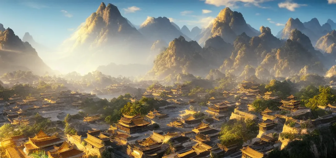 Image similar to epic view of beautiful ancient chinese city, clear blue skies, mountains and hills in the far background distance, unreal engine, dramatic lighting, detailed, ambient occlusion, global illumination, god rays, 3 d artstation render by greg rutowski and jessica rossier