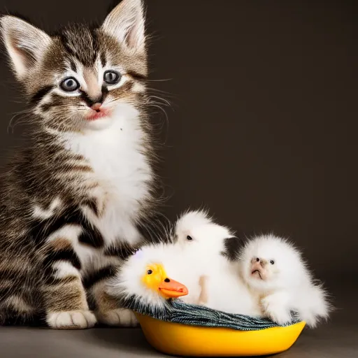 Image similar to 35mm macro shot a kitten bathing with a baby duck, studio lighting