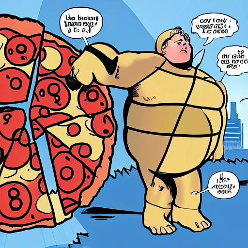 Image similar to graphic novel cover of super hero “Morbidly Obese Man” defeating a huge pizza.