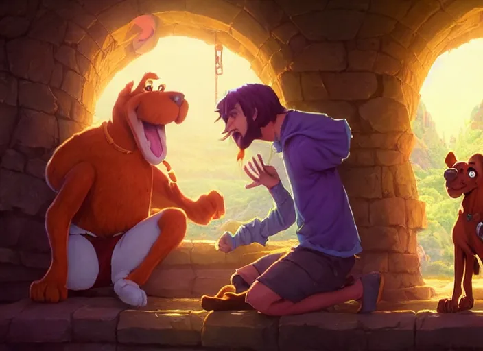 Image similar to highly detailed portrait of scooby doo and shaggy, in no game no life, stephen bliss, 8 k, unreal engine, fantasy art by greg rutkowski, loish, rhads, ferdinand knab, makoto shinkai and lois van baarle, ilya kuvshinov, rossdraws, tom bagshaw, global illumination, radiant light, detailed and intricate environment