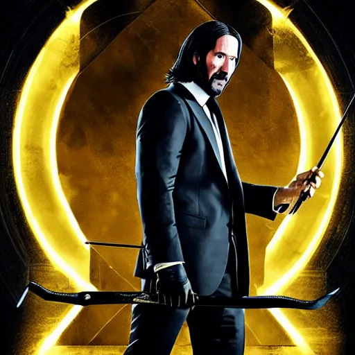 Prompt: John Wick, using a bow instead of a gun, in a combat style he calls Arch-Kata.