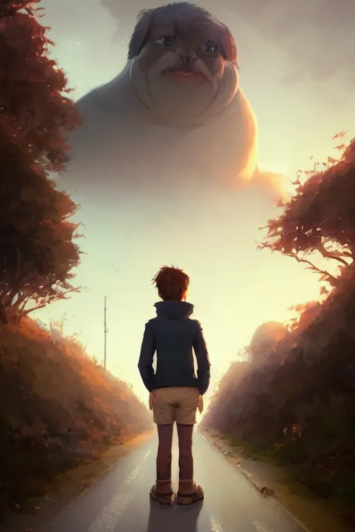 Prompt: Full body portrait of a short!, overweight!! teenage boy, medium length brown hair and fringe, eyes half closed, mouth open, not intelligent, standing in road, by Jordan Grimmer and Wojtek Fus and greg rutkowski, Trending artstation, cinematográfica, digital Art