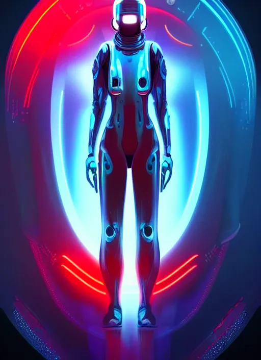 Image similar to a futuristic cyber astronaut, sci fi, glowing aura, volumetric lights, red and cyan theme, art nouveau alien botanicals, intricate, highly detailed, digital painting, artstation, concept art, smooth, sharp focus, cinematic, illustration, beautiful face, art by artgerm and greg rutkowski and alphonse mucha, clear background