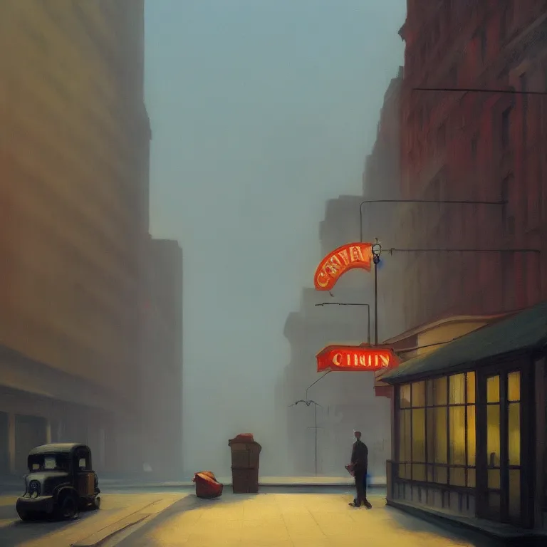 Prompt: city fog, early morning, streets with trash, painted by Edward Hopper, painted by Wayne Barlow, airbrush