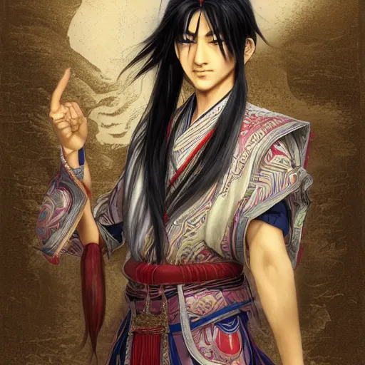 Image similar to an indian immortal xianxia cultivator with long black hair as an absurdly handsome, elegant, young anime man, ultrafine hyperrealistic detailed face illustration by kim jung gi, irakli nadar, intricate linework, sharp focus, bright colors, matte, gujian, final fantasy, unreal engine highly rendered, global illumination, radiant light, intricate environment