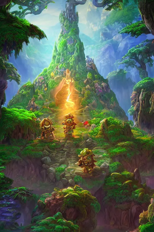 Image similar to zelda fantasy art giant golem troll wood rock greeble gemstone enchanted forest, global illumination ray tracing hdr fanart arstation by sung choi and eric pfeiffer and gabriel garza and casper konefal bastion forged hardmesh lisa frank zbrush central radiating a glowing aura global illumination ray tracing hdr