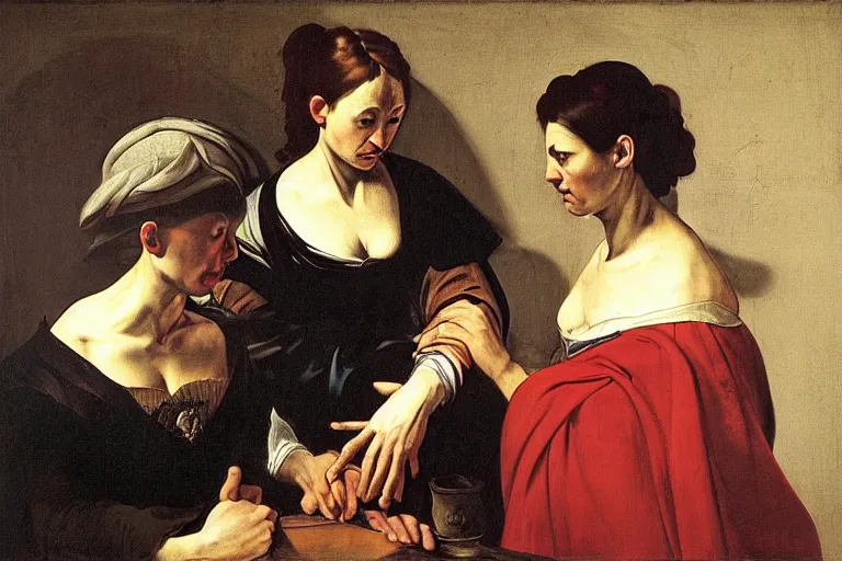 Image similar to 3 women, caravaggio, rubens, pieter de hooch, ary scheffer