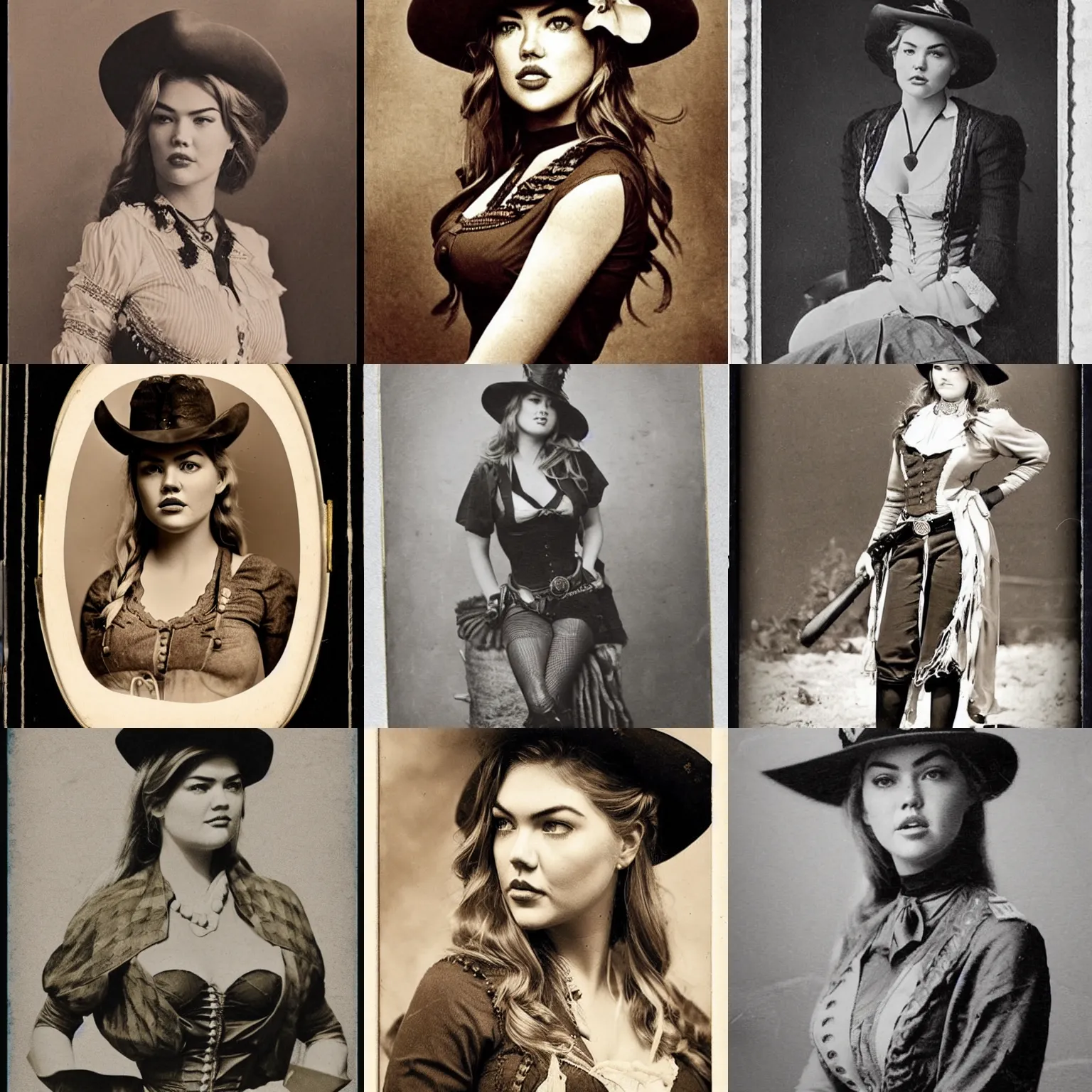 Prompt: a photo of kate upton dressed as a wild west sheriff, 1 8 9 0 s, sepia