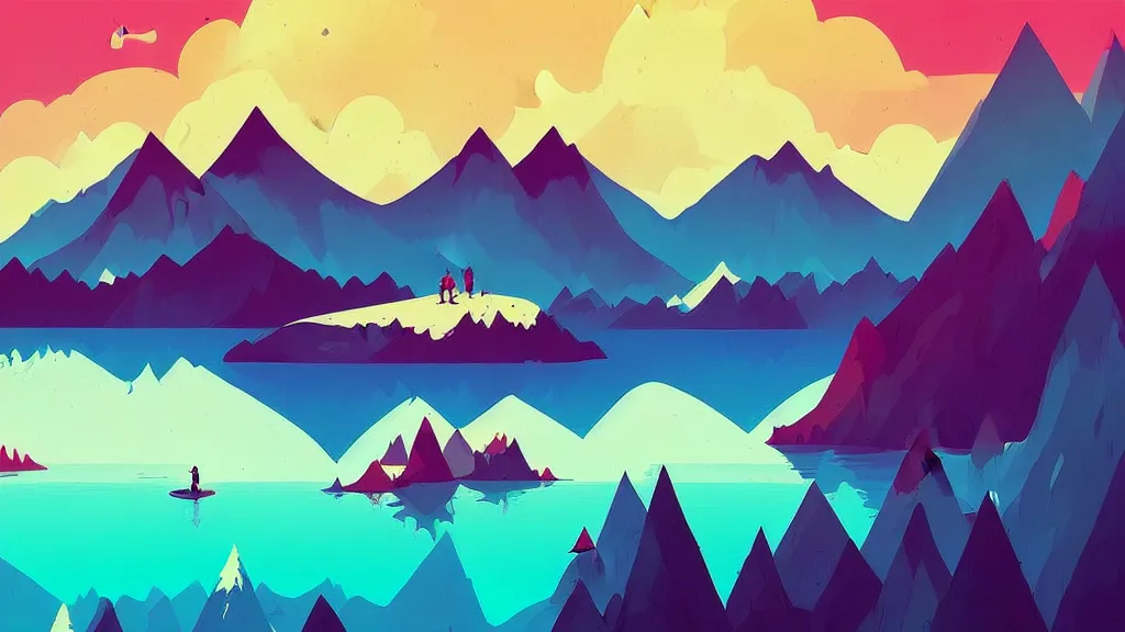 Image similar to mountains, trees, and lake, by anton fadeev