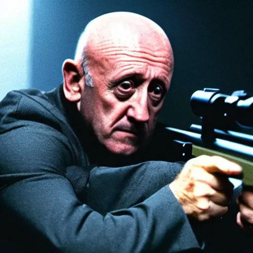 Image similar to Film still of Mike Ehrmantraut aiming with a sniper rifle, 4k, highly detailed