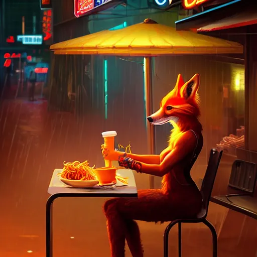 Image similar to splash art of anthropomorphic female vulpes vulpes fulva woman sitting at a noodle stand eating noodles in the crowded street of a cyberpunk city, rain, harsh neon lighting, realistic, ultra detailed, by greg rutkowski, wlop, sakimichan, artgerm