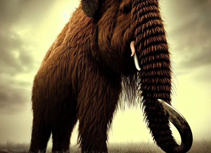 Image similar to hyperrealism, detailed textures, photorealistic, 3 d render, a surreal mystical wooly mammoth grazing, ultra realistic cinematic, intricate, cinematic light, concept art, illustration, art station, unreal engine