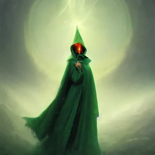 Image similar to ''cinematic shot'' red hooded mage ( spectre ) with bells ringing simetrical 8 k atmosferic realistic, wearing a green cape, holding a bell, made by ivan aivazovsky, peter mohrbacher, greg rutkowski volumetric light effect broad light oil painting painting fantasy art style sci - fi art style realism premium prints available artwork unreal engine