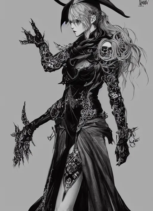 Image similar to beautiful human witch with blonde short curtly hair in intricate ornate witch robe, haughty evil look, witch hat. in style of yoji shinkawa and hyung - tae kim, trending on artstation, dark fantasy, great composition, concept art, highly detailed, dynamic pose.