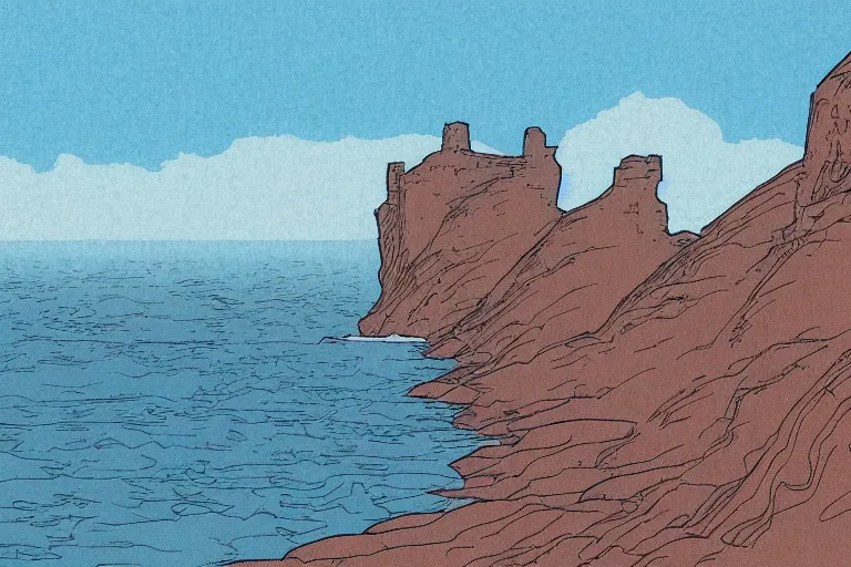 Image similar to seaside cliffs in the style of Moebius