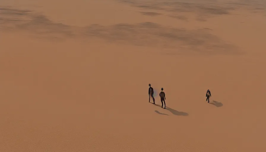 Prompt: survivors walking in desert, sand dunes, heat wave, wide view, hyperdetailed, artstation, cgsociety, 8 k