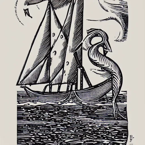 Image similar to linocut illustration of a giant squid attacking an old sailing ship