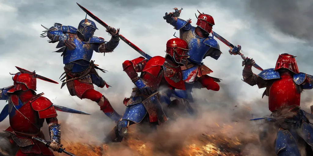 Image similar to mid action shot cinematic artwork of warriors in blue armor fighting warriors wearing red Chinese armor on the battlefield by greg rutowski, masterpiece, 4k